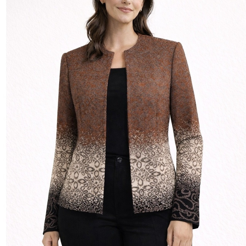Ming Wang Petite Medium Metallic Knit Open Front Cardigan Brown Chic Layering